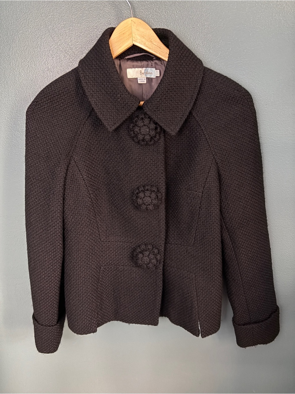 Boden Women’s Black Rosette Blossom Snap Front Wool Blend Jacket Size 6R